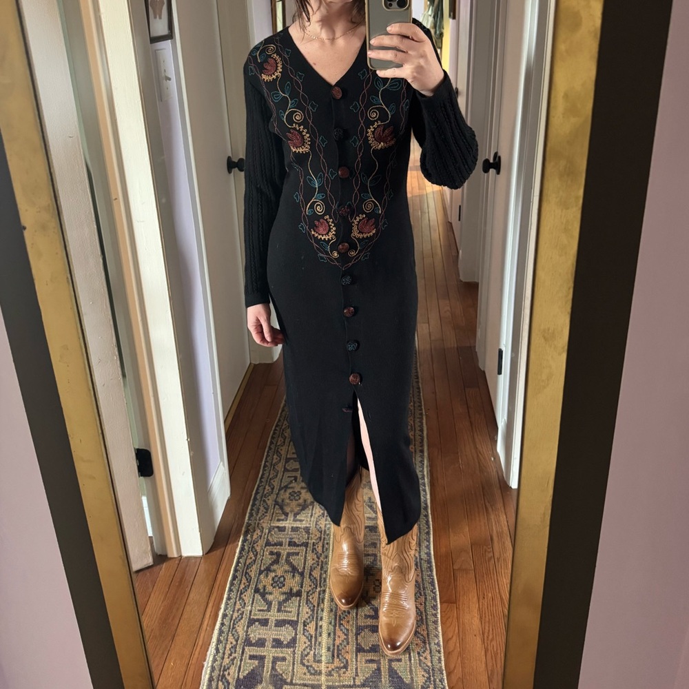 Vintage 90s Embroidered Black Sweater Dress